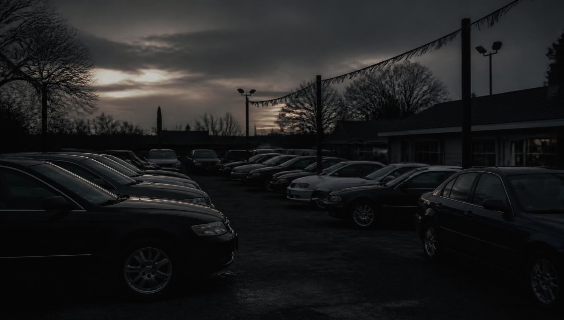 Independent used car dealership lot at dusk