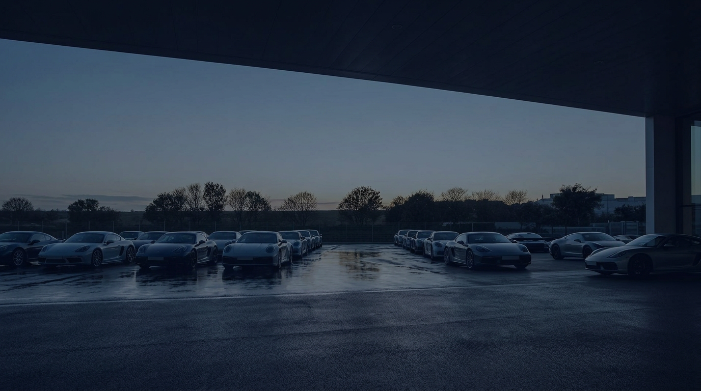 Rows of sports cars parked at a dealership lot at dusk